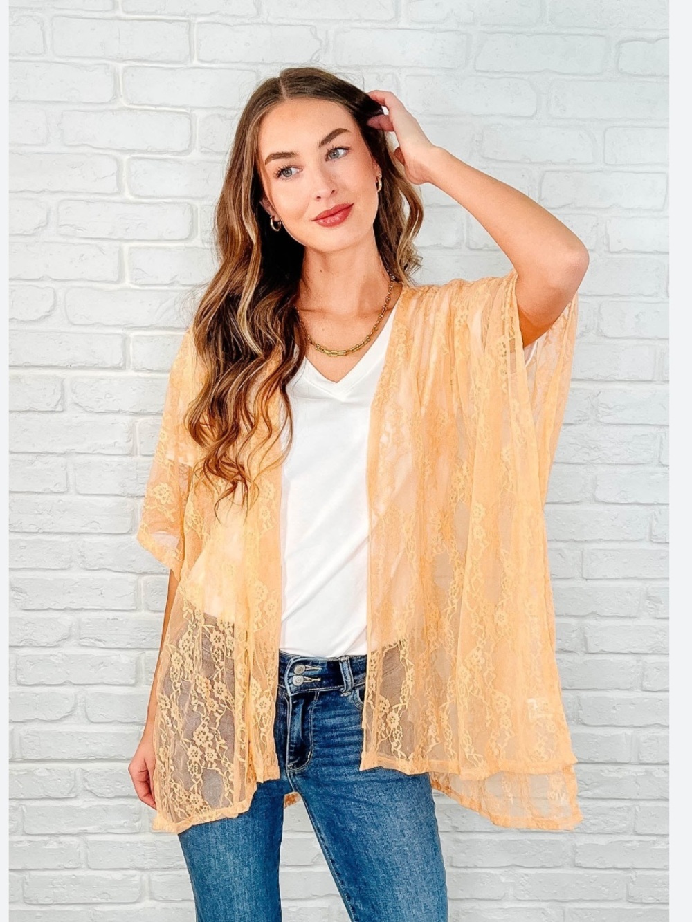 ANDREE BY UNIT GOOD DAYS AHEAD LACE KIMONO IN PEACH M